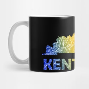 Colorful mandala art map of Kentucky with text in blue, yellow, and red Mug